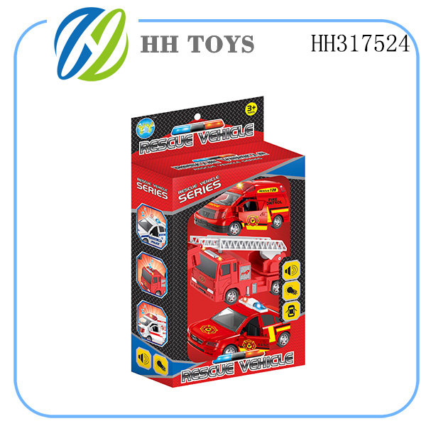 3pcs Pull back Fire engine + fire police car + fire car